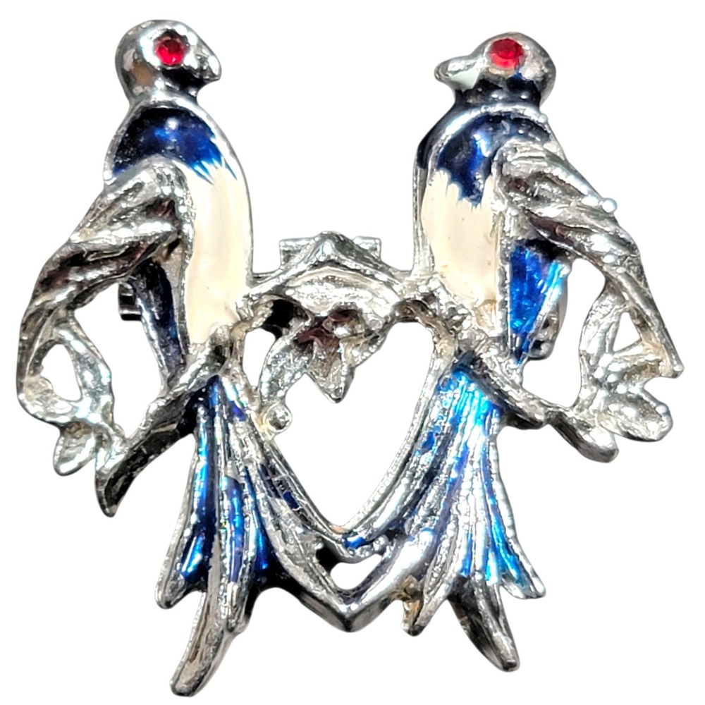 VTG MSM Lovebirds Brooch Pin 50s 60s Blue Cream Silver Tone Red Rhinestone Eyes